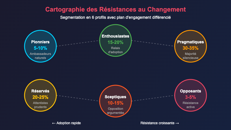 Cartographie resistances changement : segmentation en 6 profils avec pourcentages et plan engagement