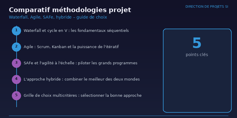 Comparatif méthodologies projet : Waterfall, Agile, SAFe, hybride – guide de choix